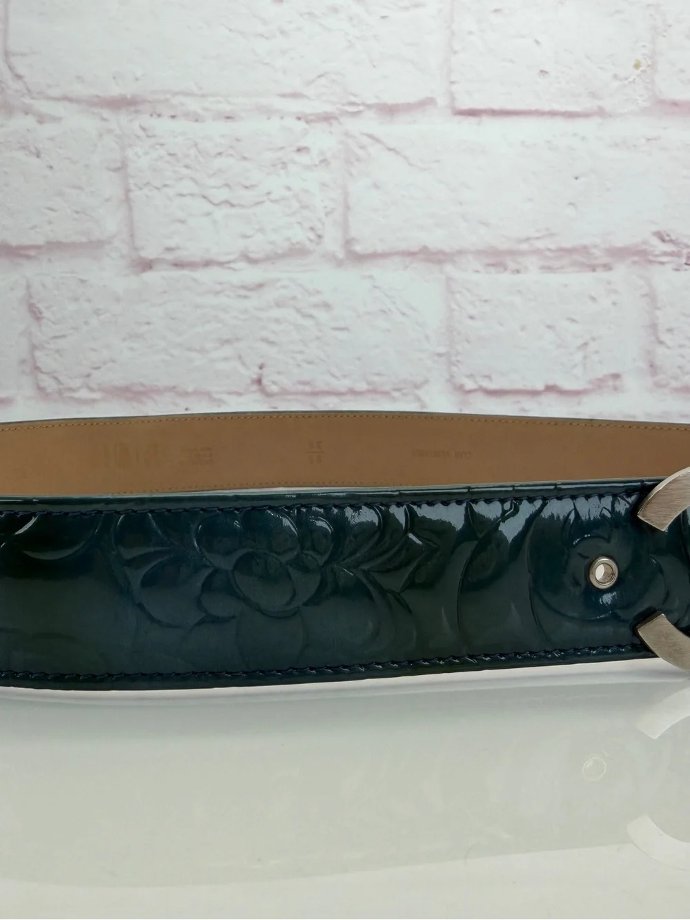 Chanel Teal Patent Leather Camellia Embossed Belt with Interlocking CC Buckle